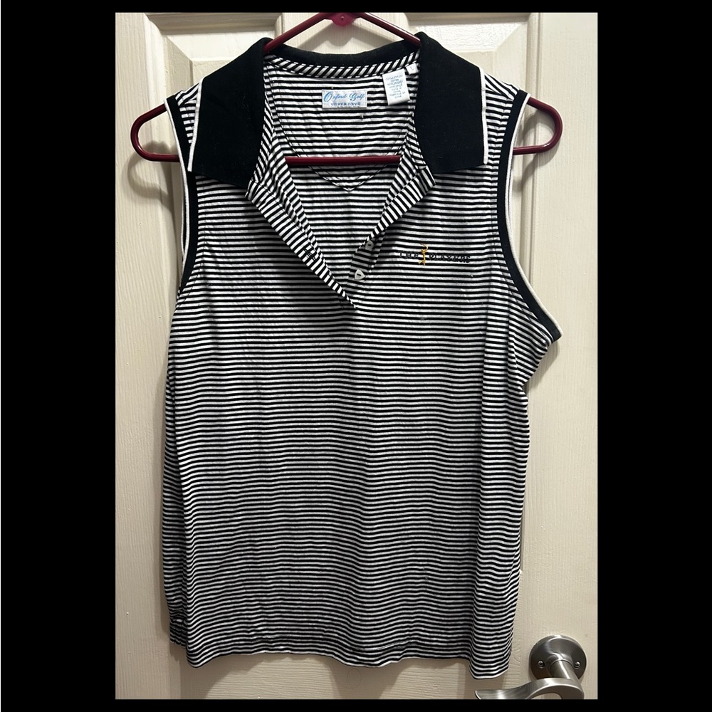 Black and White Striped Sleeveless Polo Top